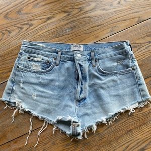 A. GOLDE 100% cotton button fly distressed cut off shorts/excellent cond/32